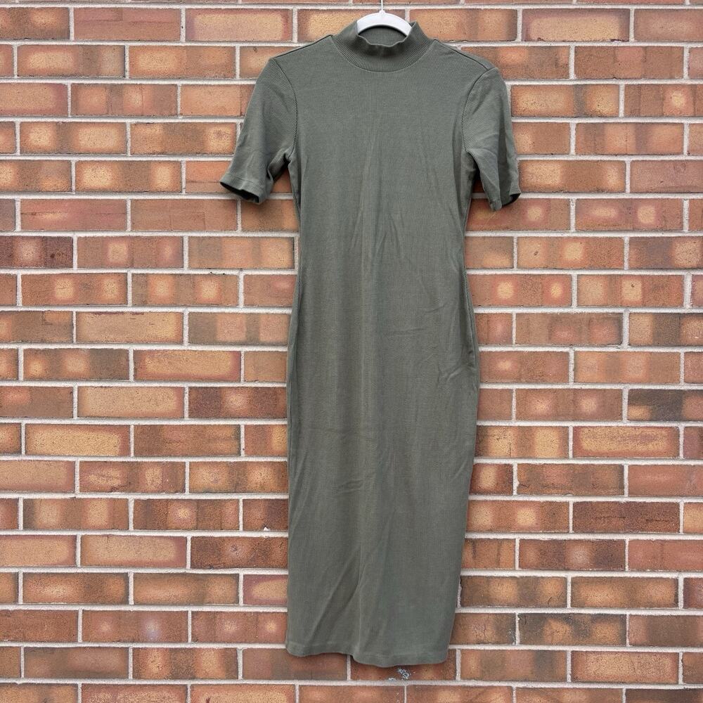 Marine Layer Lexi Rib Mock Neck Midi Dress Size Small Olive Green Doublecloth